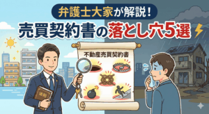 【アイキャッチ画像】「弁護士大家が解説！売買契約書の落とし穴5選」と題されたイラスト。左側には「法則」と書かれた本と鍵を持ち、虫眼鏡で契約書の巻物を指し示す笑顔の弁護士大家。巻物には「不動産売買契約書」の文字と、穴、罠、結び目、爆弾、滑り台の5つの落とし穴が描かれている。背景は晴れた街並みと良い物件。右側には、汗をかいて困惑した表情の投資家。背景は嵐とボロボロの物件。不動産投資の成功と失敗の対比、そして契約書の重要性を表現している。