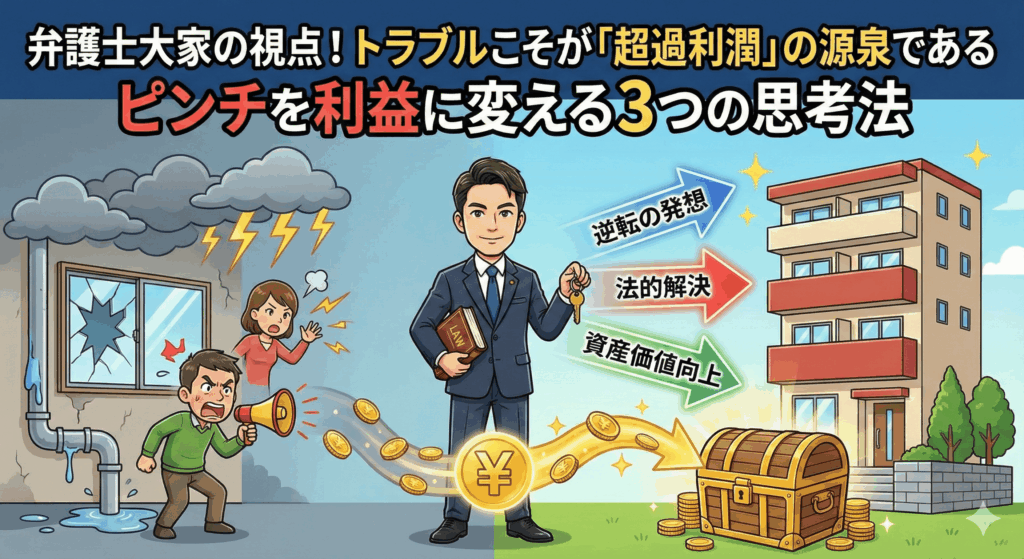 【アイキャッチ画像】「弁護士大家の視点！トラブルこそが「超過利潤」の源泉である ピンチを利益に変える3つの思考法」と題されたイラスト。中央にはスーツを着て「LAW」の本と鍵を持つ弁護士大家の男性。左側には嵐、漏水、壊れた窓、怒る住人と大家といった「トラブル」が描かれ、それらが「逆転の発想」「法的解決」「資産価値向上」という3つの矢印を経て、右側の宝箱と金貨、整備されたマンションという「利益」へと変わっていく様子が、お金の流れと共に表現されている。