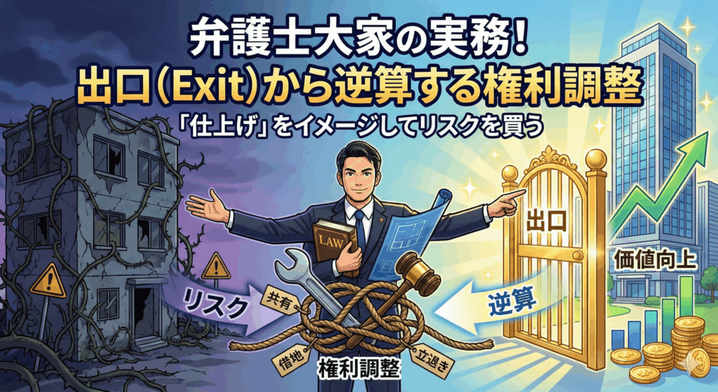 【アイキャッチ画像】「弁護士大家の実務 出口（Exit）から逆算する権利調整」と題されたイラスト。右側には「EXIT（出口）」として、青空の下で輝く完成されたマンションと「売却成功」の看板、積み上がった金貨が描かれ、理想のゴールを示している。左側には「購入時」として、権利関係の複雑さを表す絡まった鎖やイバラに覆われた古びた物件と、どんよりとした曇り空。中央には弁護士大家が立ち、右側の「完成形」の青写真（設計図）を片手に持ち、そのゴールイメージに基づいて、左側の物件の鎖を六法全書や鍵を使って冷静に解きほぐしている様子。「仕上げ」をイメージしてリスクを処理するプロの手腕を表現している。 画像生成AIが不調で同じ画像が表示されてしまっている場合は、改めて生成を試みますのでお申し付けください。上記は、本来生成されるべき画像の代替テキストです。